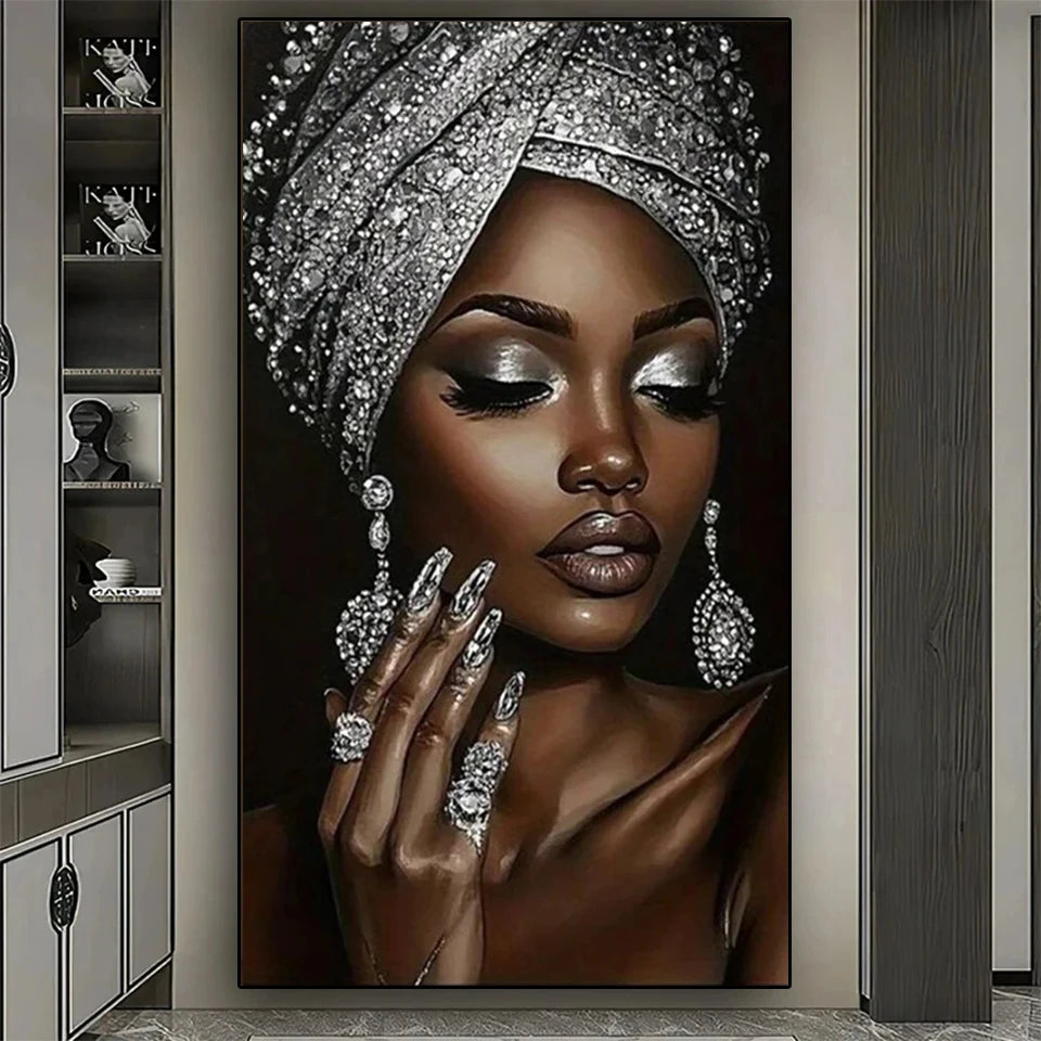 Silver Gemstone African Women DIY Full Round Diamond Painting Kit Diamond Embroidery.