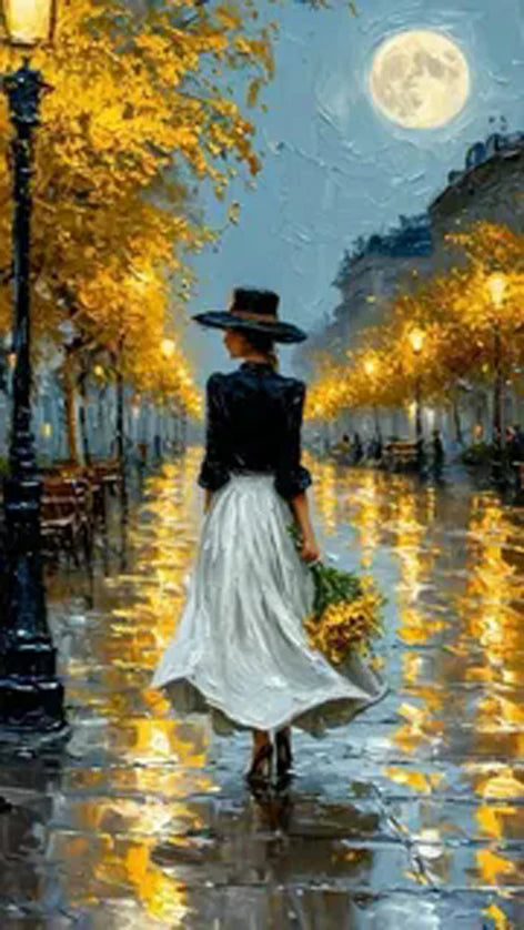 Romantic Rainy Night diamond painting Art Elegant woman Umbrella Street Scene.