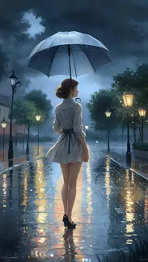 Romantic Rainy Night diamond painting Art Elegant woman Umbrella Street Scene.