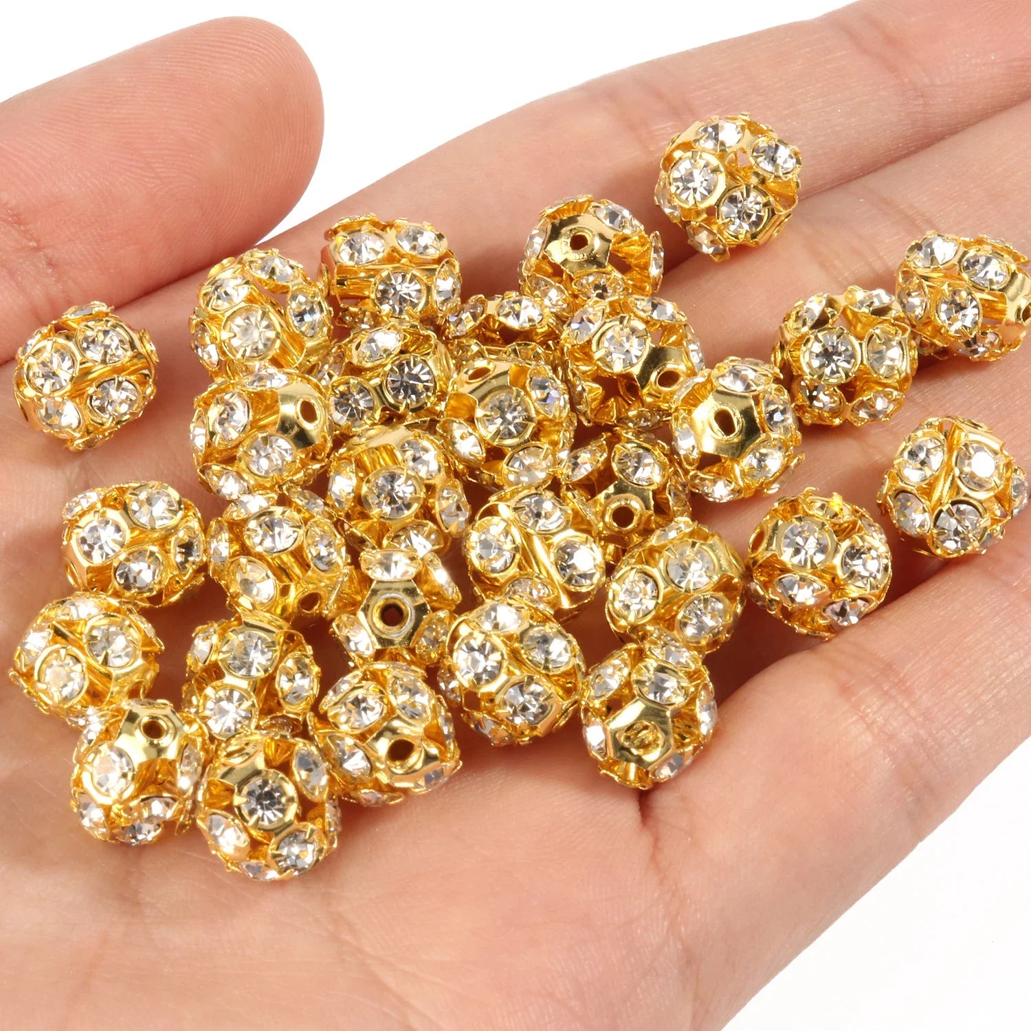 50pc/Lot 6mm 8mm 10mm AB Color  Rhinestone Ball Shape Loose Beads Metal Crystal Beads