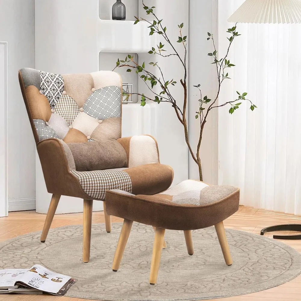 Accent Patchwork Chair with Ottoman High Wingback Chair Comfy Bohemian Flax Design