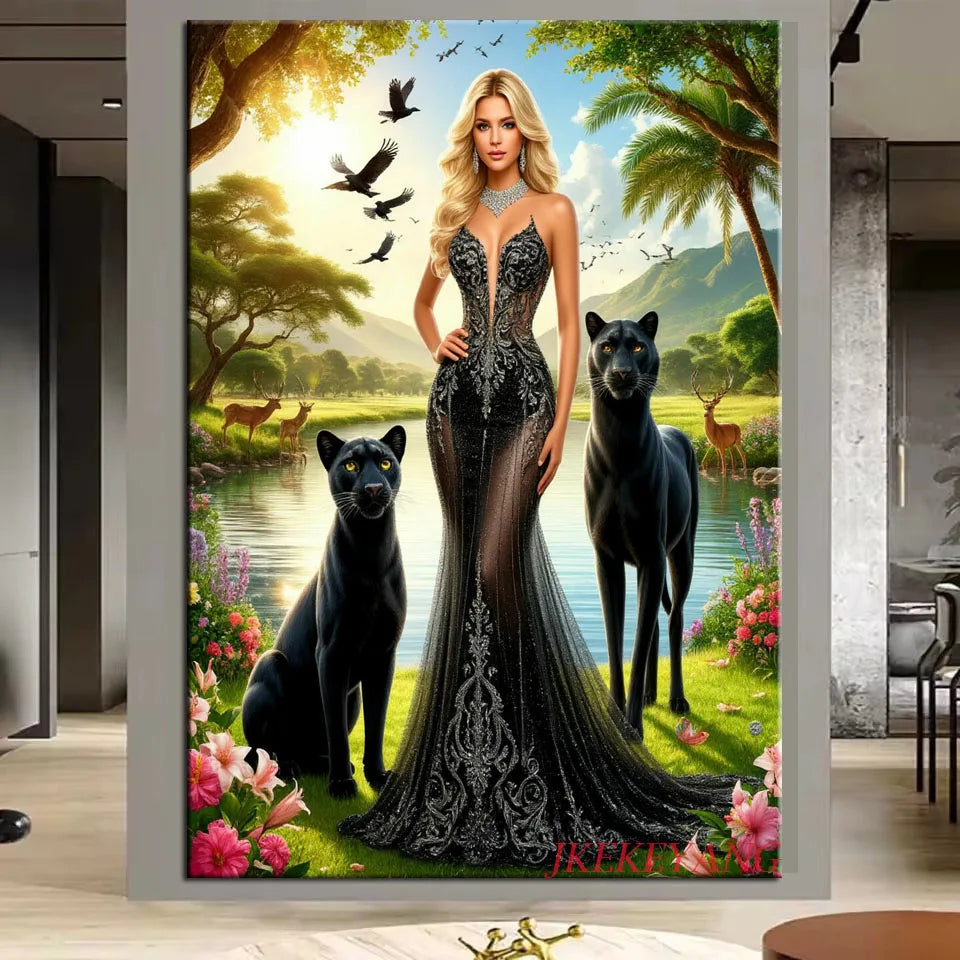 5D Diy Diamond Embroidery Beautiful Woman and Animals Picture Diamond Painting