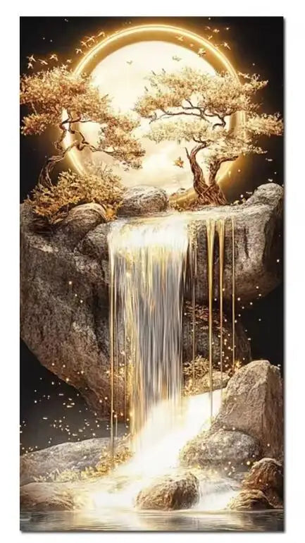 New Arrivals 5D Diamond Painting Art Golden Waterfall Tree Moon Landscape Picture Full Diamond Mosaic Embroidery Rhinestone