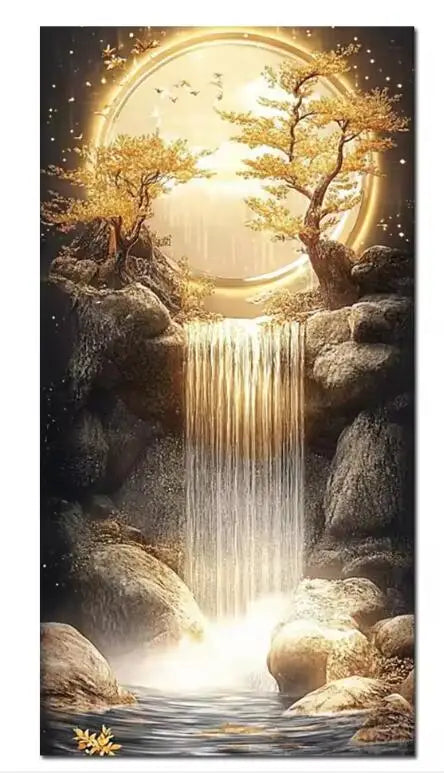 New Arrivals 5D Diamond Painting Art Golden Waterfall Tree Moon Landscape Picture Full Diamond Mosaic Embroidery Rhinestone