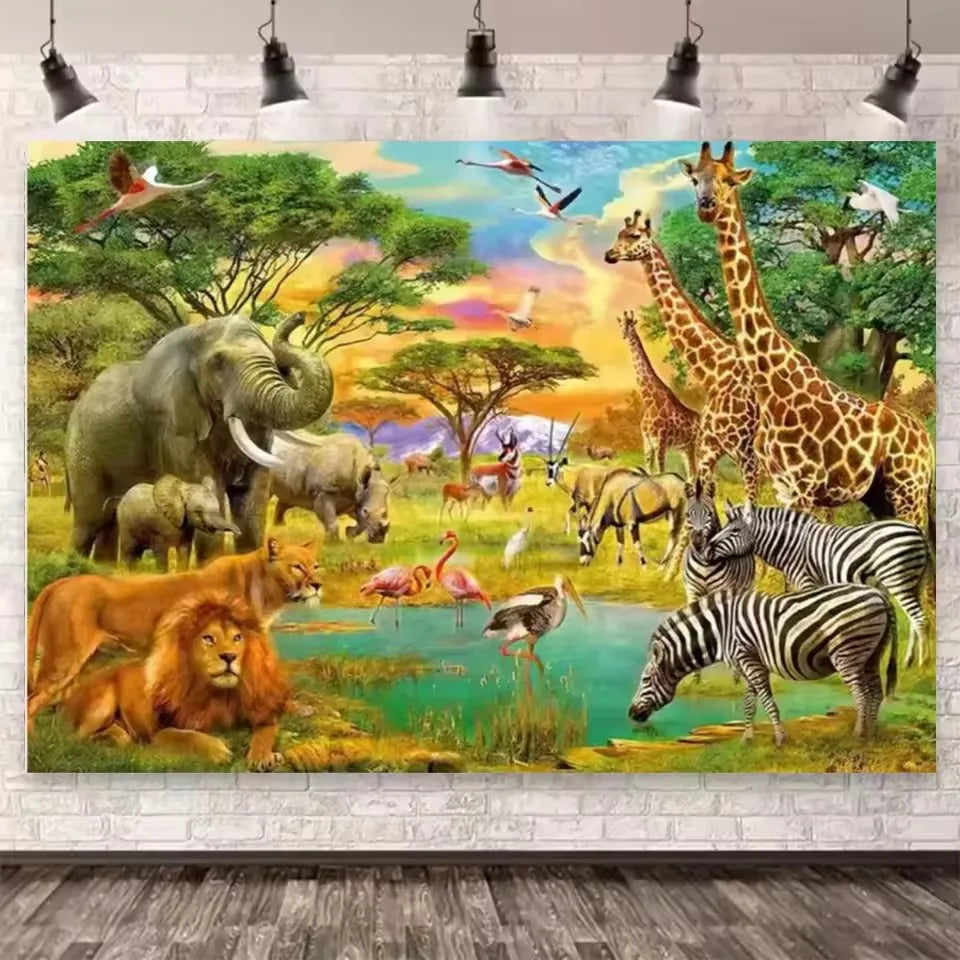 Jungle Forest Paradise Large Size, 5D Elephant Lion Giraffe Diamond Painting, Embroidery.
