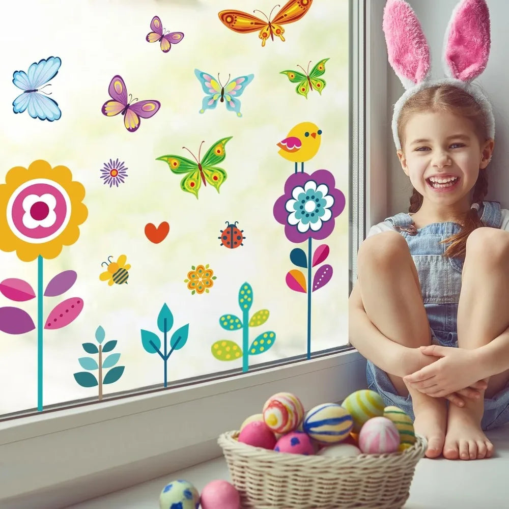 107PCS Window Clings Set Spring Summer & Fall/Winter Themes - Spring Flowers Butterflies & More
