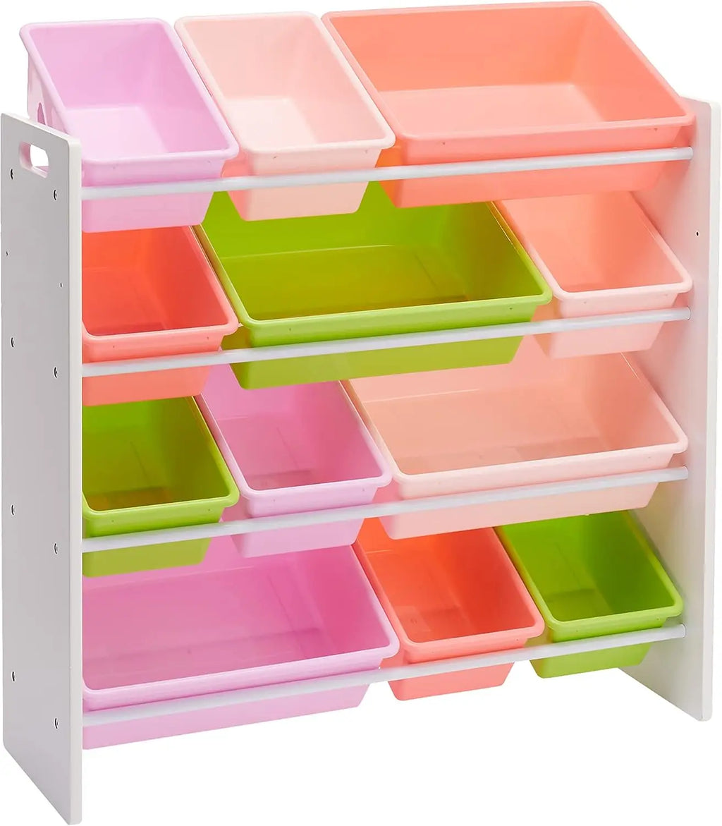 Kids Toy Storage Organizer with 12 Removable Pink Bins, White Wood Frame, Wall-Mounted for Safety