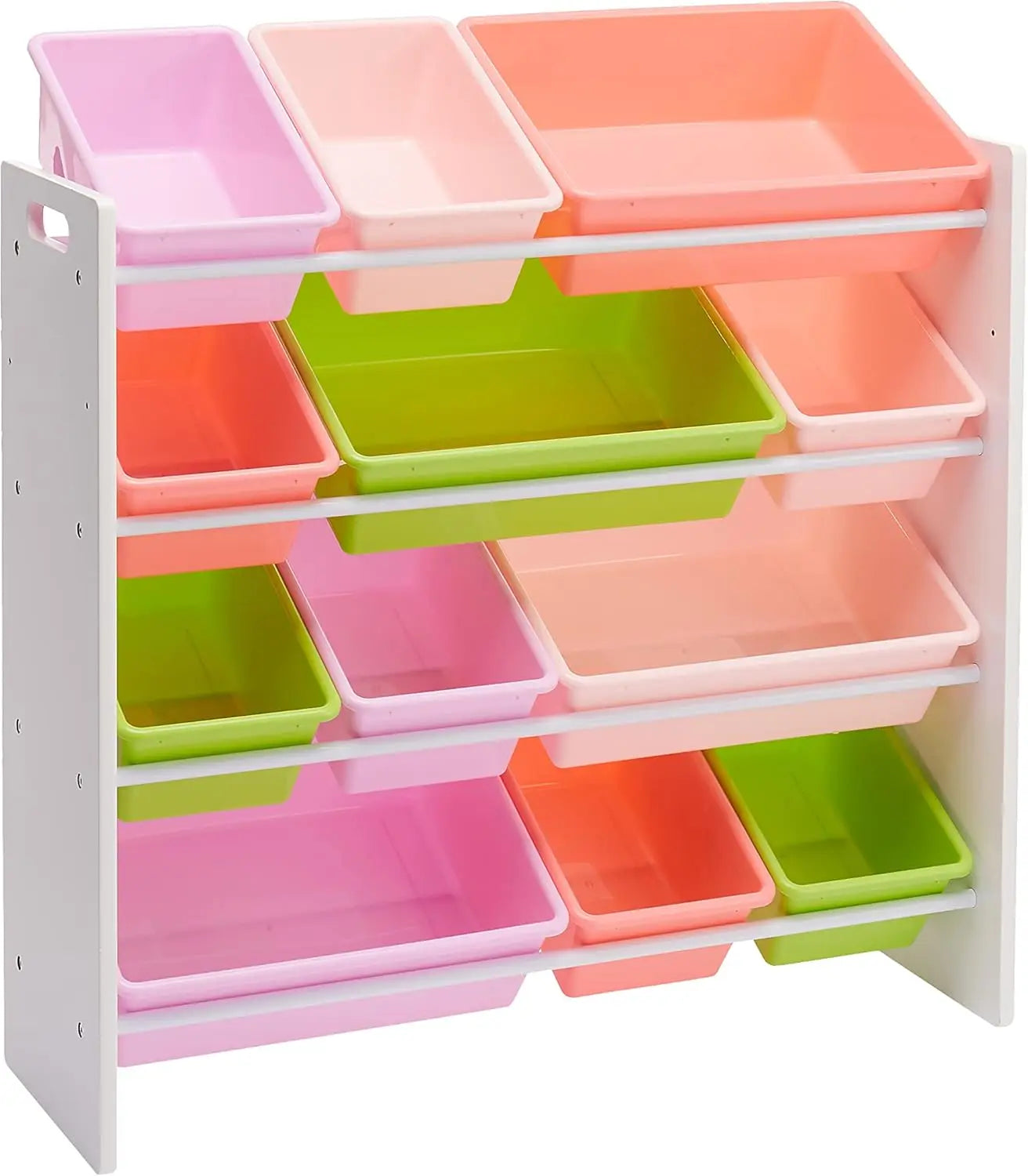 Kids Toy Storage Organizer with 12 Removable Pink Bins, White Wood Frame, Wall-Mounted for Safety