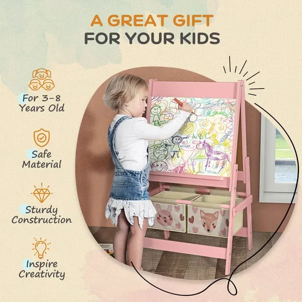 Qaba Art Easel for Kids with Paper Roll, Blackboard, Whiteboard, Storage, Pink