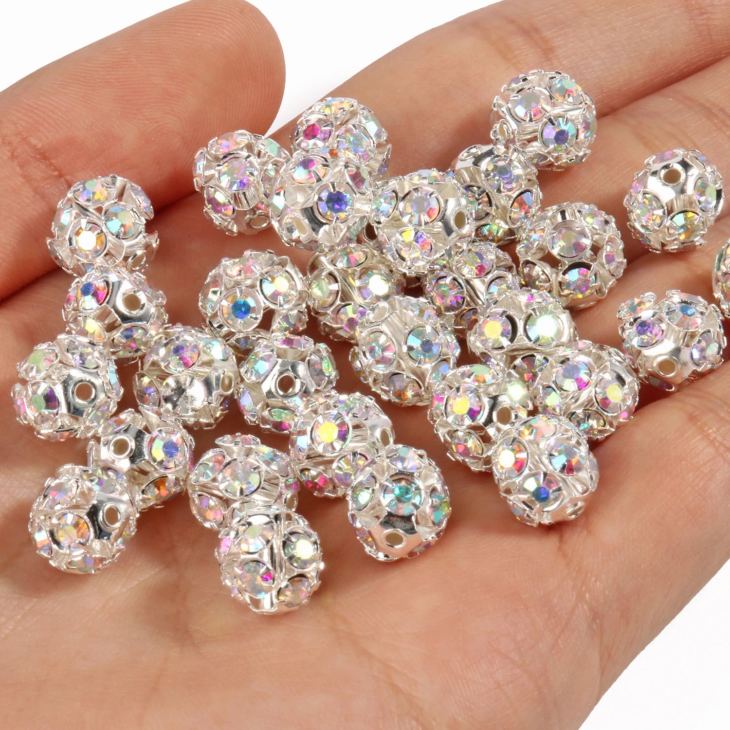 50pc/Lot 6mm 8mm 10mm AB Color  Rhinestone Ball Shape Loose Beads Metal Crystal Beads