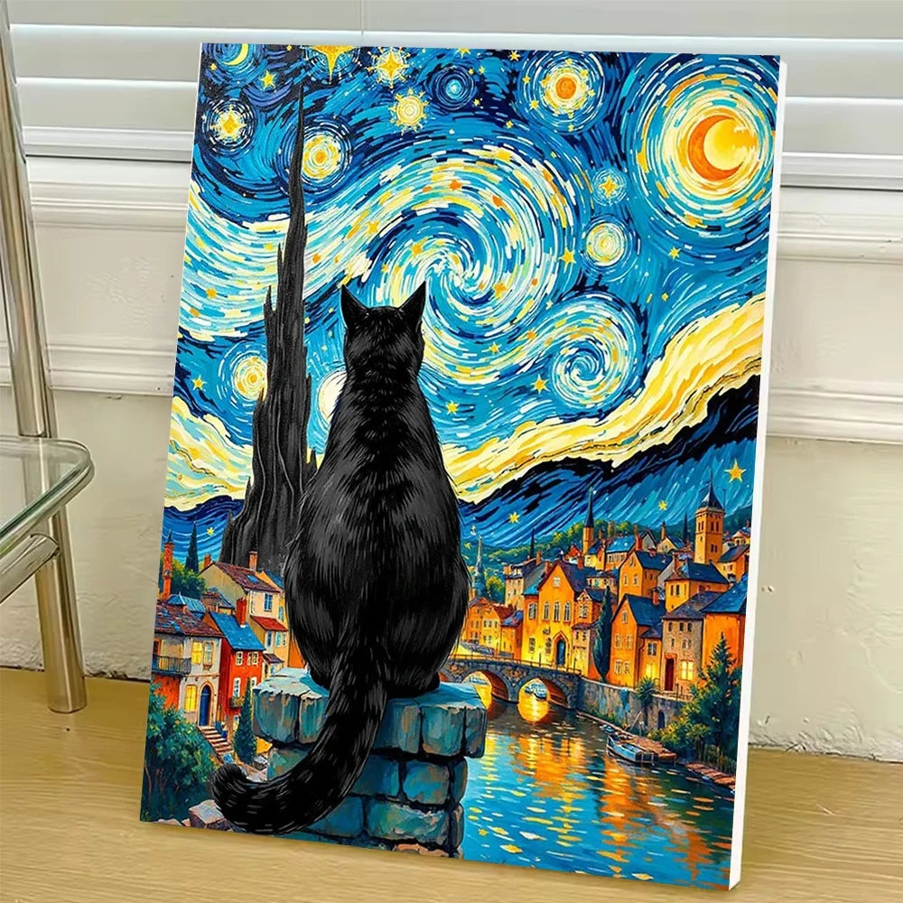 Cat in Van Gogh Starry Night Diy Art Paint By Numbers For Adult