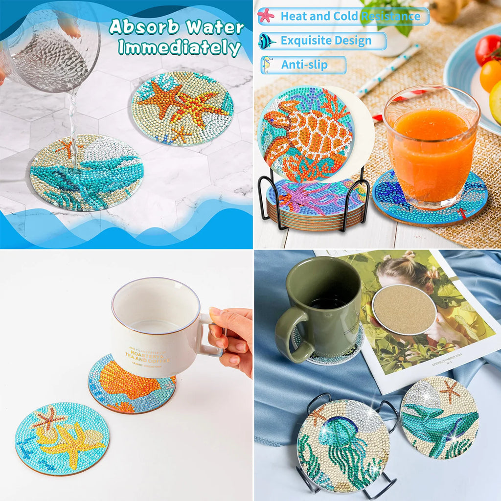 6Pcs DIY Diamond Painting Coasters Mandala Flowers 5D Full Drill Diamond Art Non Slip Coasters with Holder Ideal Christmas Gift