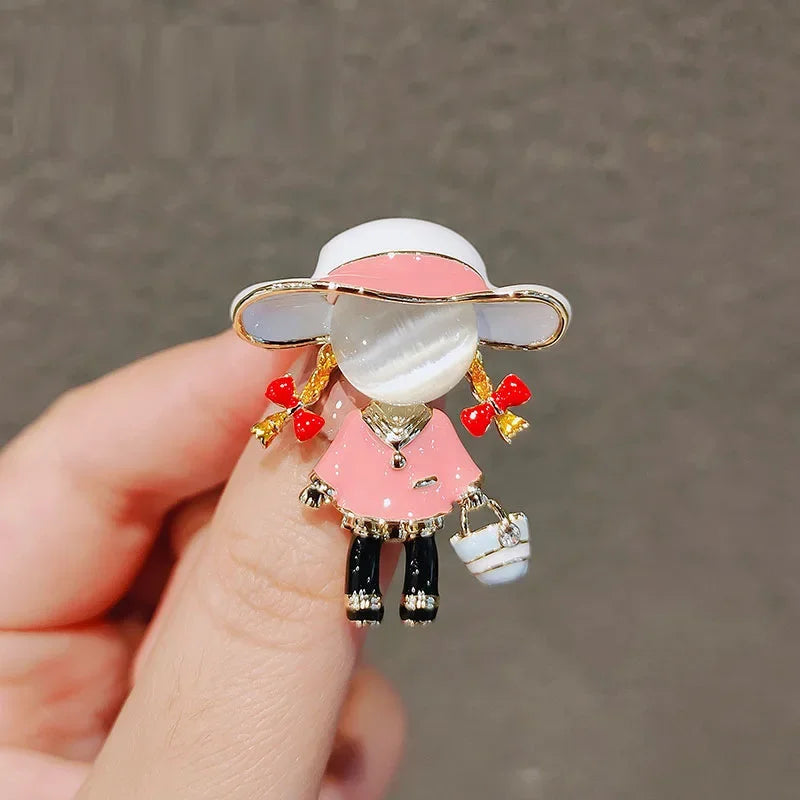 Small Cute Little Girl In Black Dress Nurse Brooches Rhinestone Crystal Brooch Pin Drop Oil Corsage Clothing Coat Jewelry