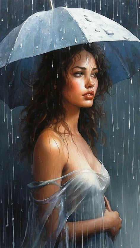 Romantic Rainy Night diamond painting Art Elegant woman Umbrella Street Scene.