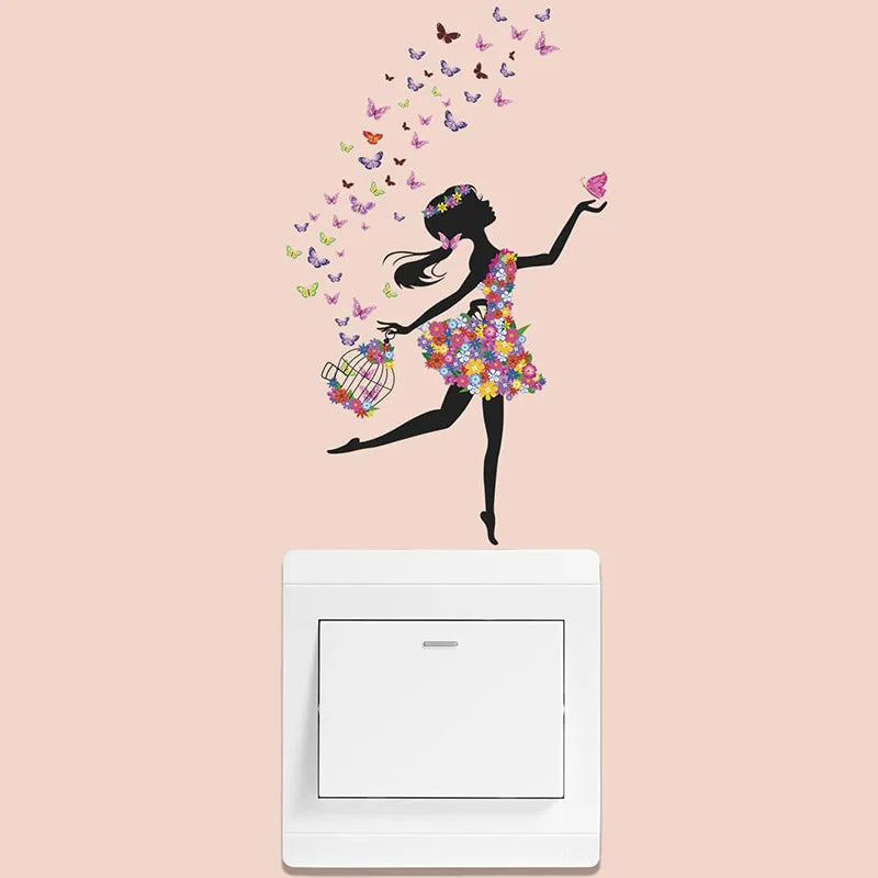 wall stickers switch Butterfly girl children's room, mural Self-adhesive Wall Decals