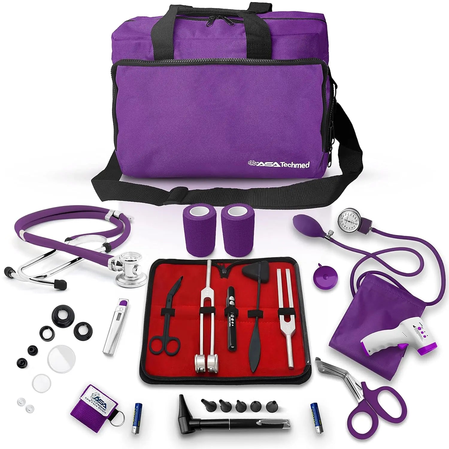 18-Piece Nurse Starter Kit with Stethoscope, BP Monitor, Otoscope & More - Purple
