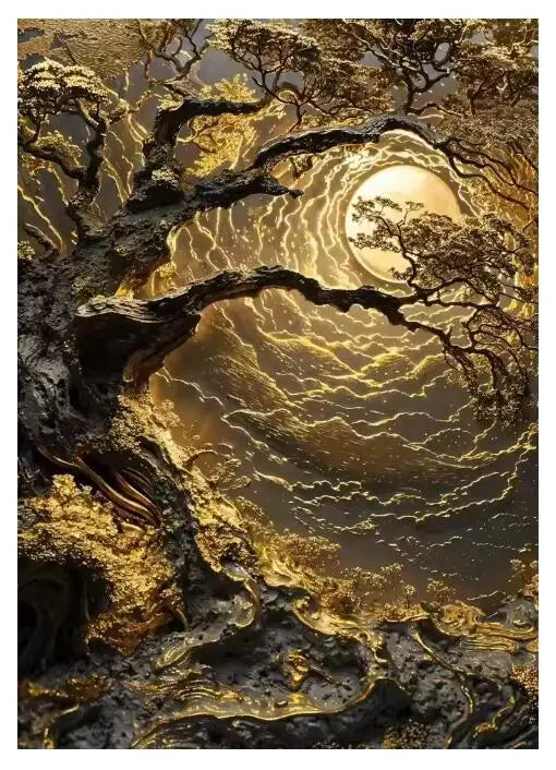 5D Diamond Painting Abstract Golden Tree Sailing Moon Decor Cross Stitch Kits