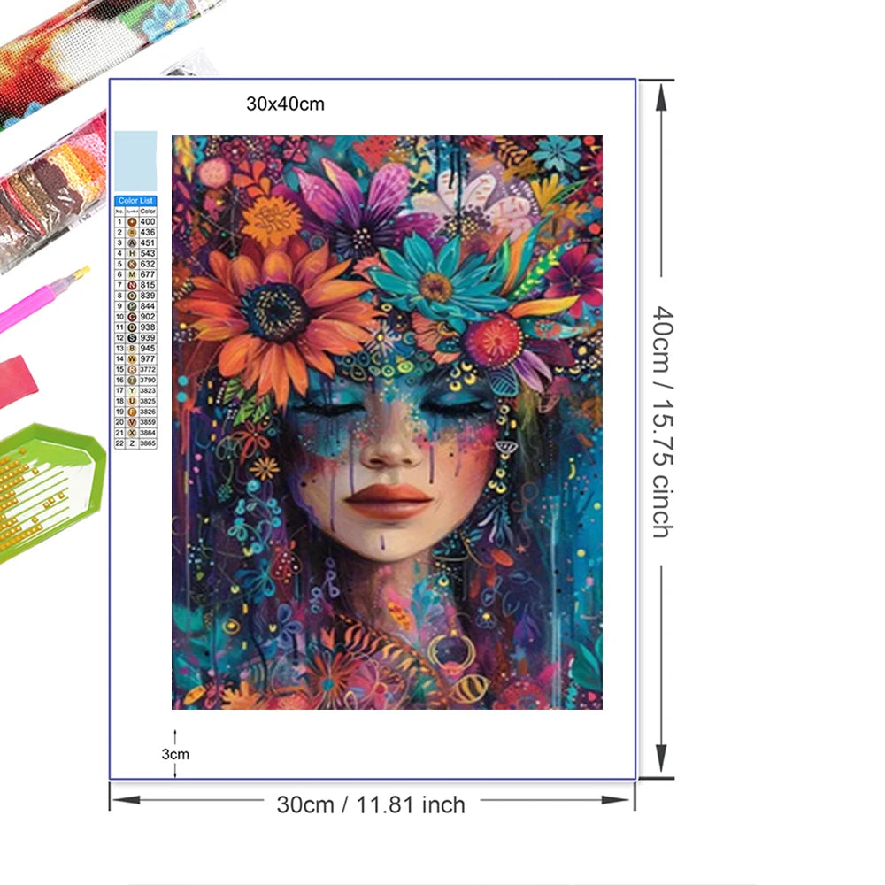 5D DIY Art Diamond Painting Woman Flowers Mosaic Cross Stitch Kit