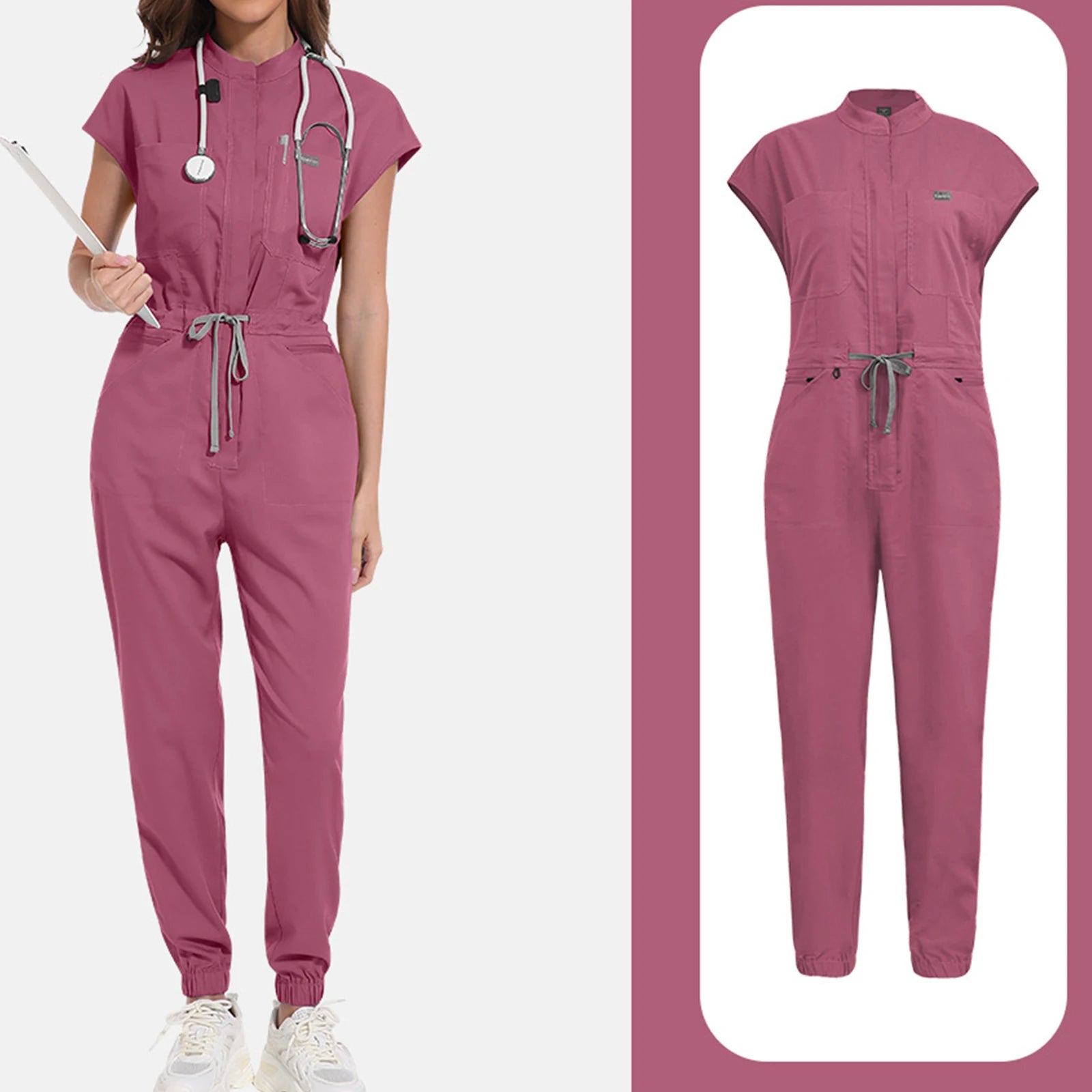 Women's Nurse Jumpsuit Stand Collar Sleeveless Multi-Color Drawstring