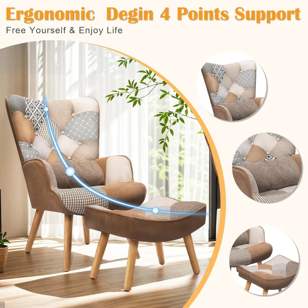 Accent Patchwork Chair with Ottoman High Wingback Chair Comfy Bohemian Flax Design