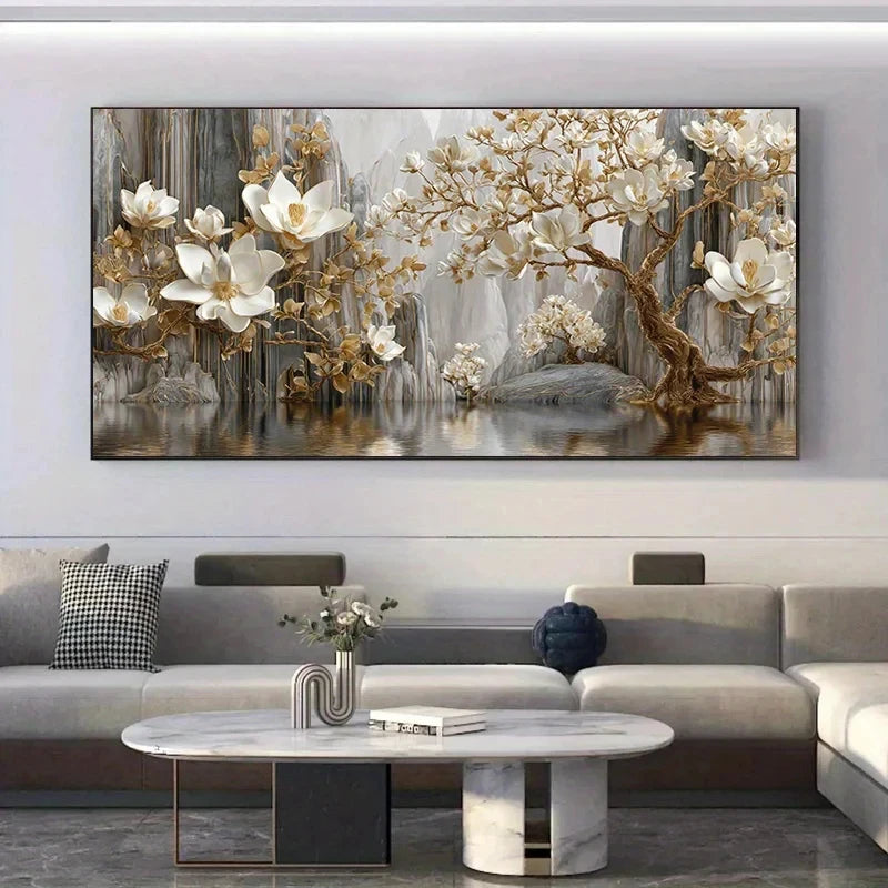 Large Size Full Diamond Painting Kits. Embroidery Decor White and Golden Floral Landscape.