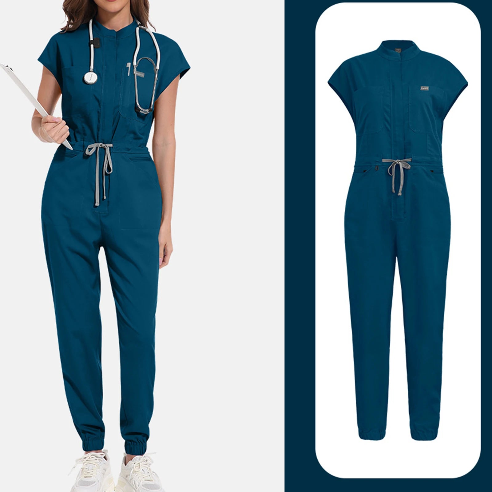 Women's Nurse Jumpsuit Stand Collar Sleeveless Multi-Color Drawstring