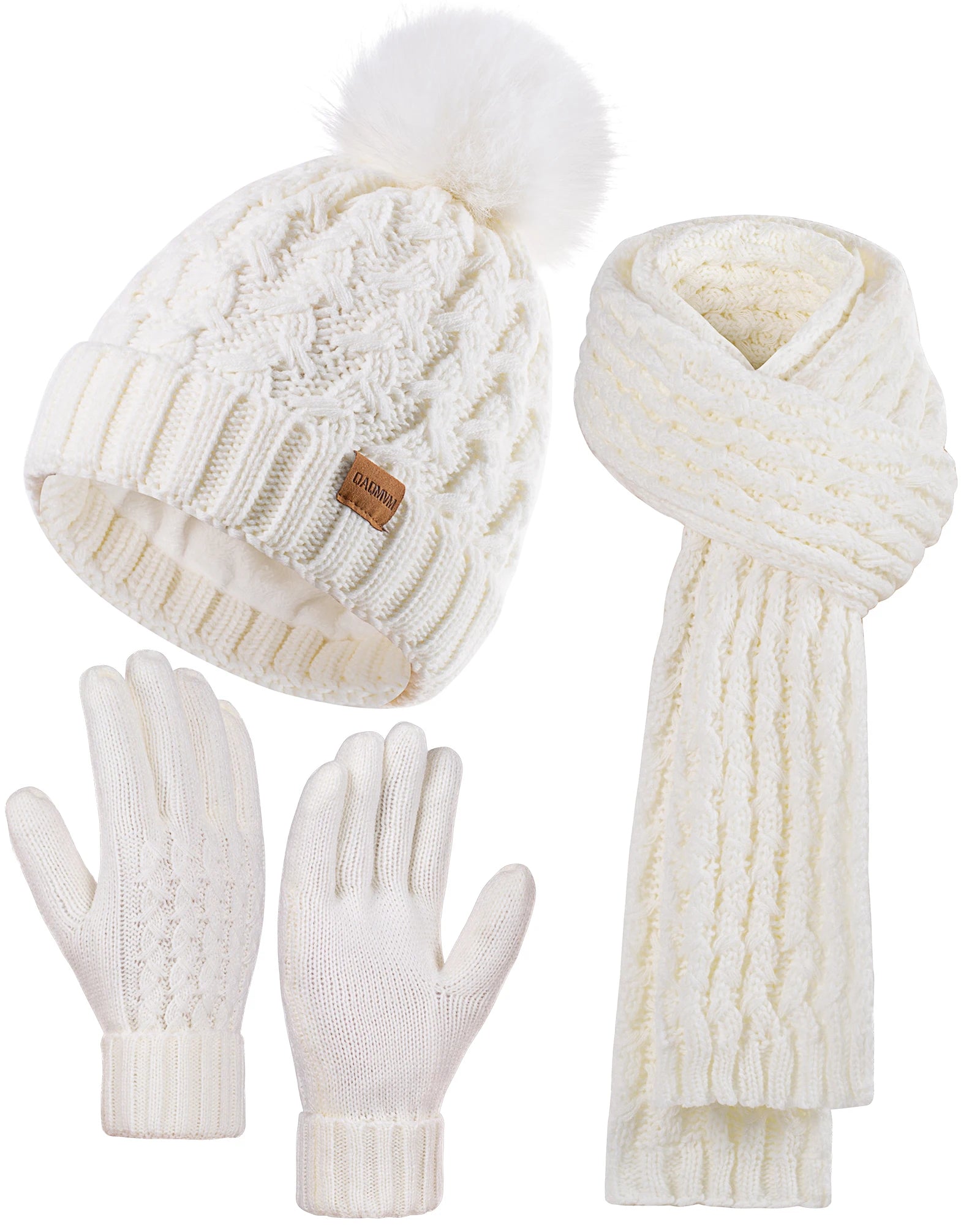 Womens Winter Beanie Hat Touchscreen Gloves Long Neck Scarf Set