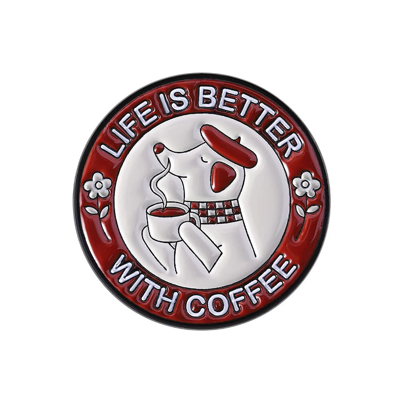 Coffee Brings Happiness Enamel Pin Kittens Puppies And Coffee Beans Brooch Lapel Metallic Pins Badge Jewelry Accessory