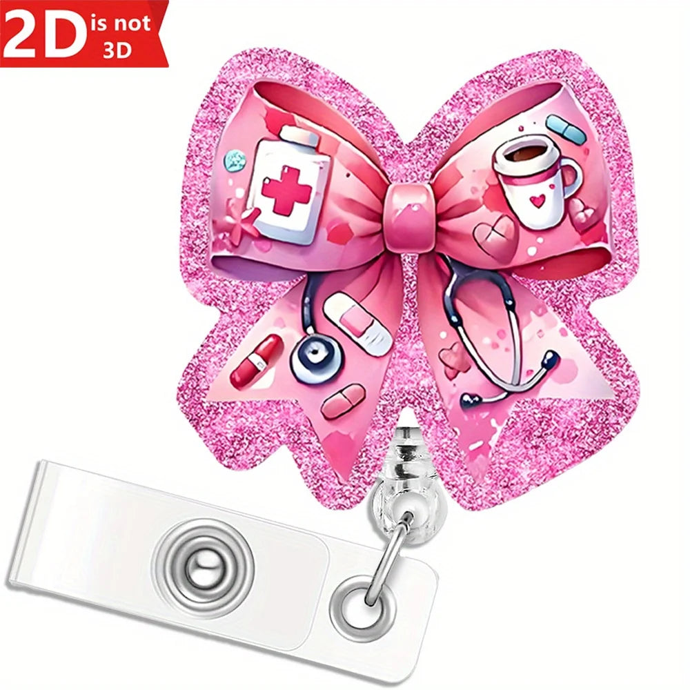 Pink Stethoscope Badge Reel - 2D doctor-themed ID clip for nurses, doctors, and medical staff.