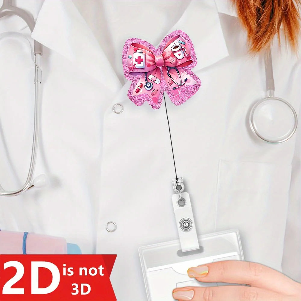 Pink Stethoscope Badge Reel - 2D doctor-themed ID clip for nurses, doctors, and medical staff.