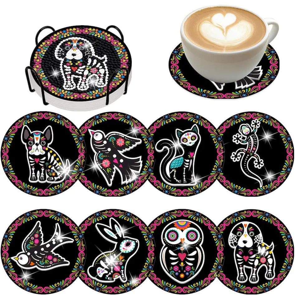 8pcs/Set DIY Diamond Painting Coasters Flowers wood For Drinks Crystal Rhinestones Diamond Art Coasters With Holder
