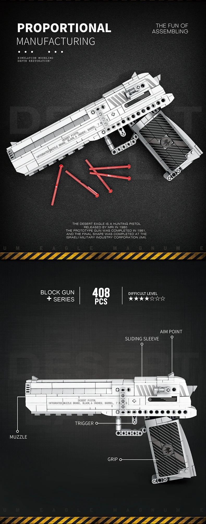 Realistic Pistol Model with Detachable Magazine & Firing Function, DIY Toy Gift