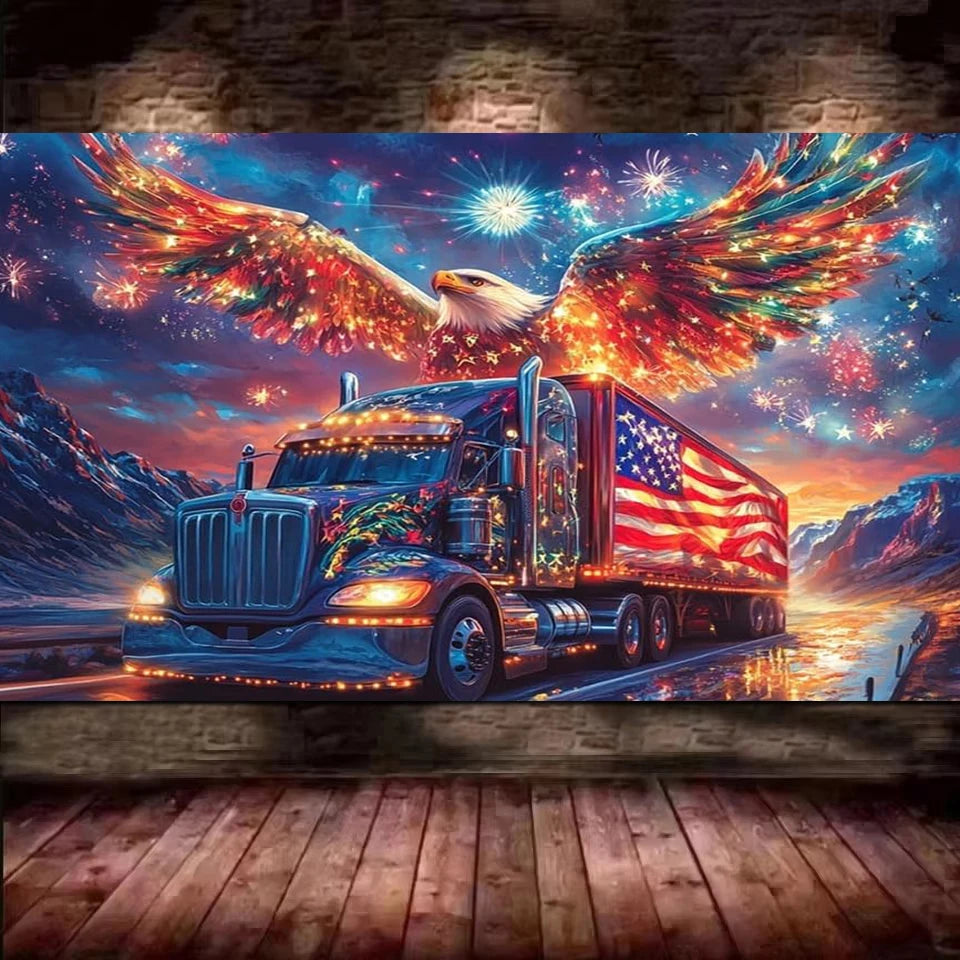 Colorful Truck American Flag Eagle, New 2026 Large Size Full Diamond Painting Embroidery.