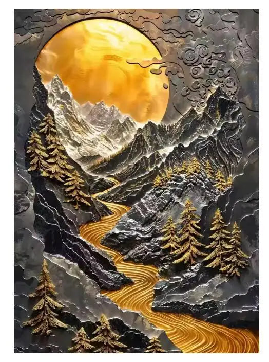 5D Diamond Painting Abstract Golden Tree Sailing Moon Decor Cross Stitch Kits