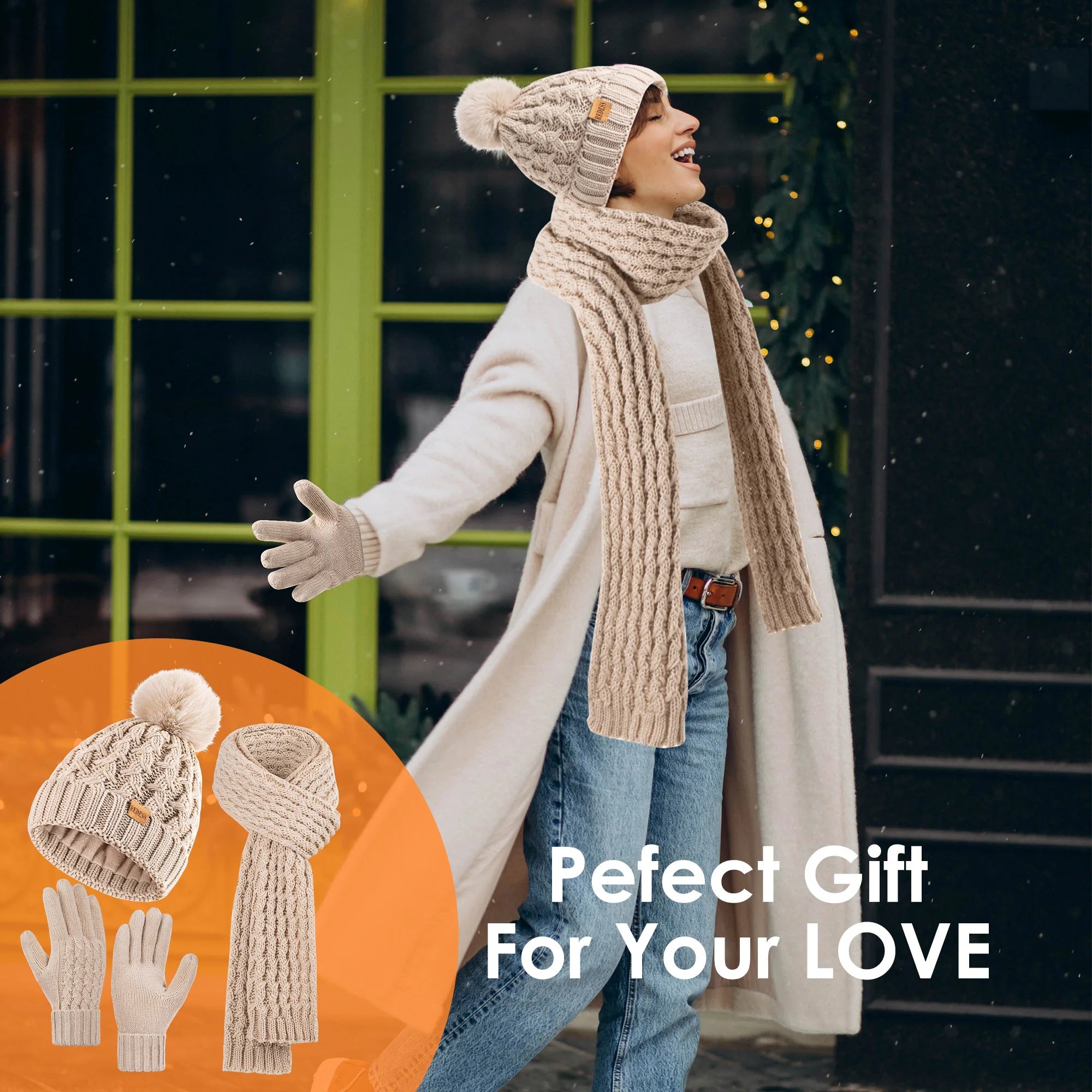 Womens Winter Beanie Hat Touchscreen Gloves Long Neck Scarf Set