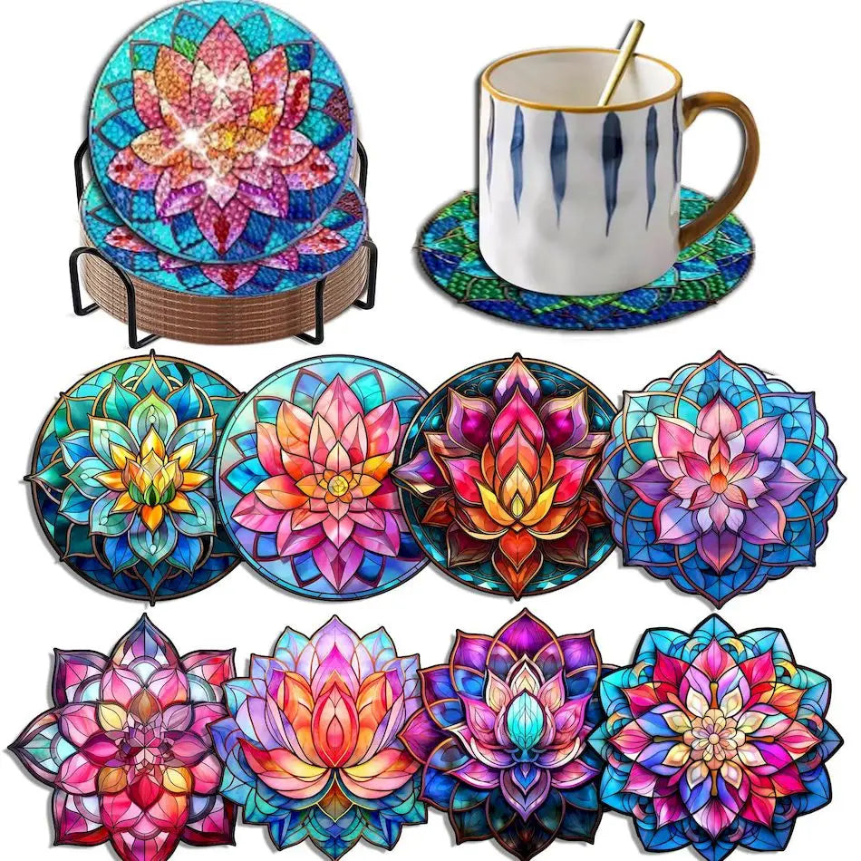 8pcs/Set DIY Diamond Painting Coasters Flowers wood For Drinks Crystal Rhinestones Diamond Art Coasters With Holder