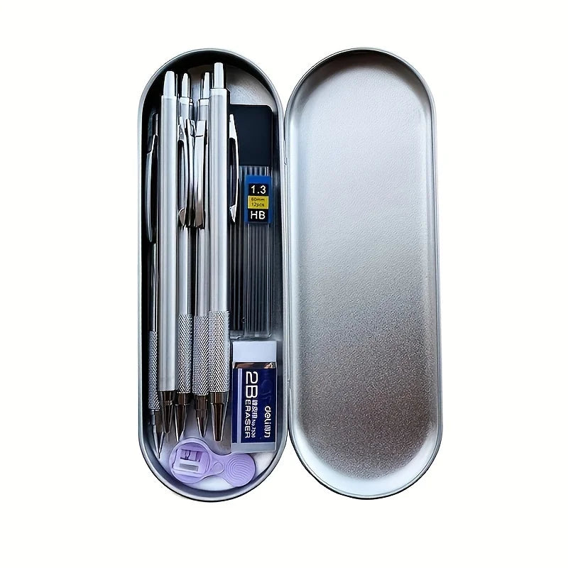 12pcs/box Metal Mechanical Pencil With Pen Box Lead Eraser Pencil Sharpener