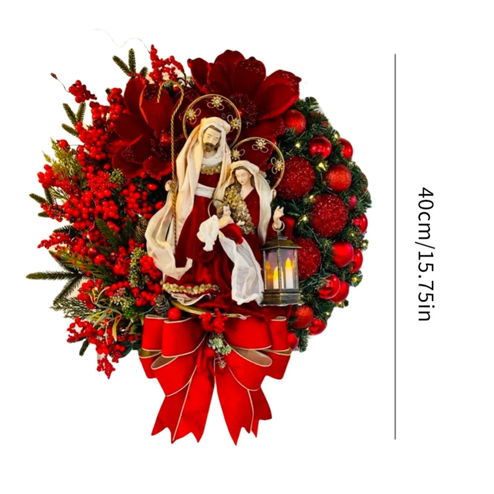 40cm Sacred Christmas Wreath with Lights Hanging Ornaments