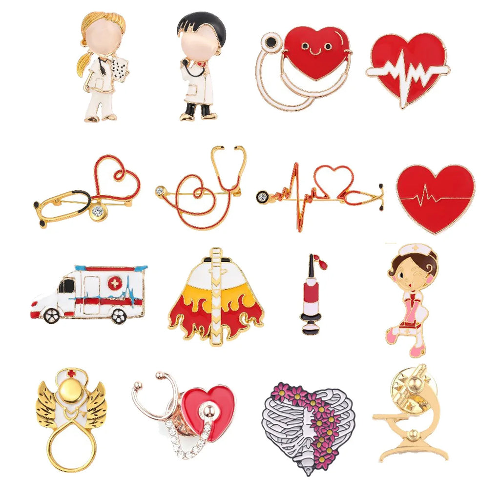New Medical Medicine Brooch Pin Stethoscope Electrocardiogram Microscope Heart Shaped Pin Nurse Doctor Backpack Lapel Jewelry