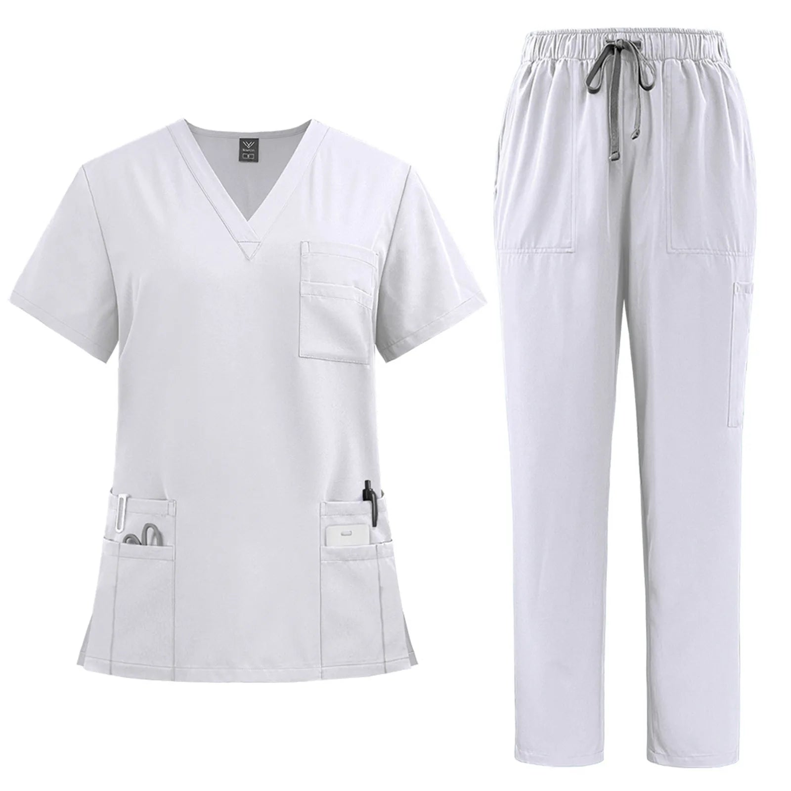 Women's solid color nurse uniform quick-drying fabric v-neck short-sleeved trousers suit multi-pocket nursing uniform suit