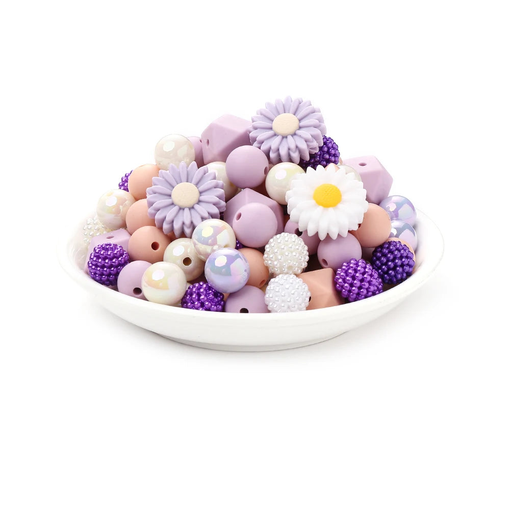 70Pcs Daisy Silicone Bead Set Multi-Shape for Pens Lanyard Keychain Bracelet Making