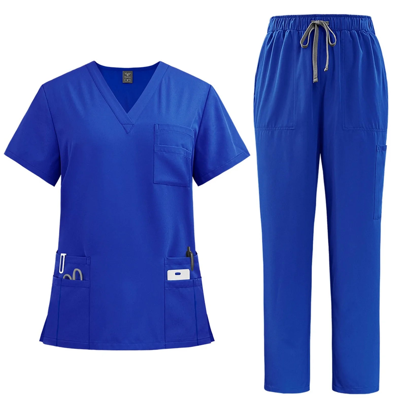 Women's solid color nurse uniform quick-drying fabric v-neck short-sleeved trousers suit multi-pocket nursing uniform suit